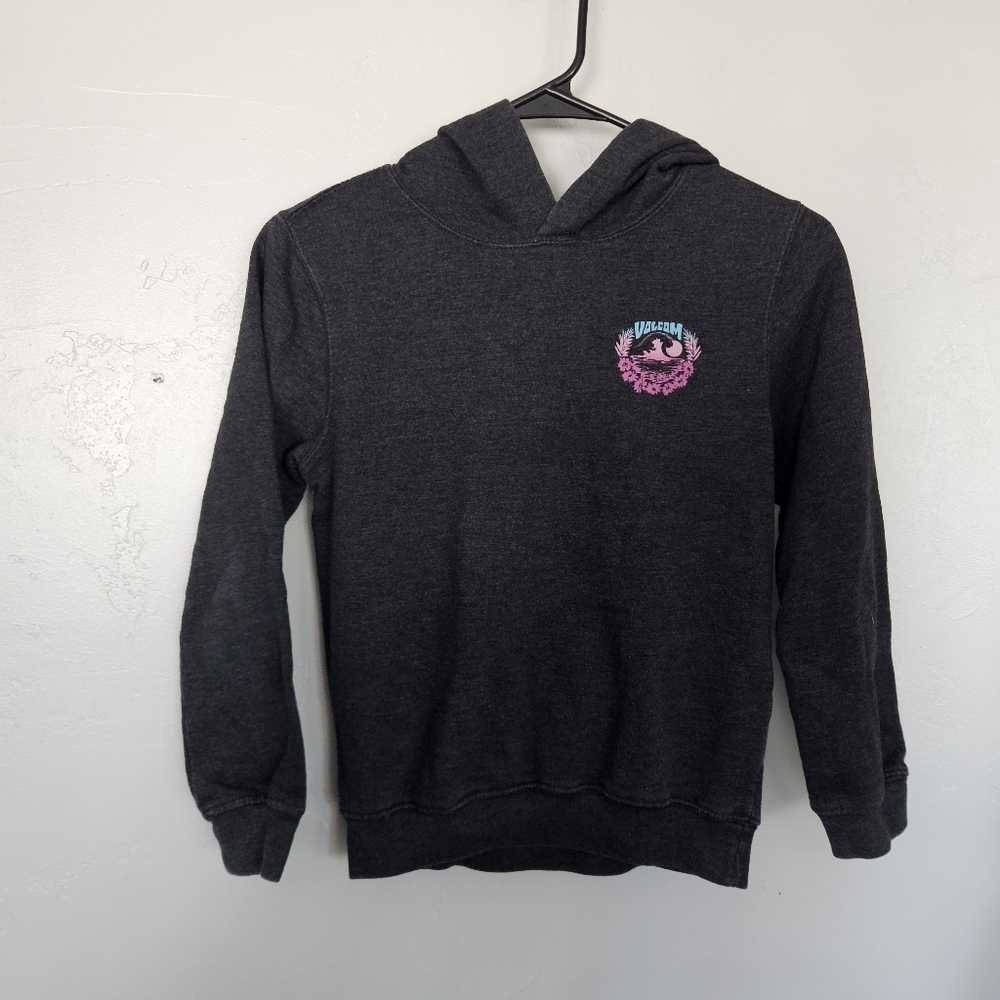 Volcom Girls Medium 8/10 Dark Gray Hoodie Pink Blue Floral Wave Moon Sweatshirt